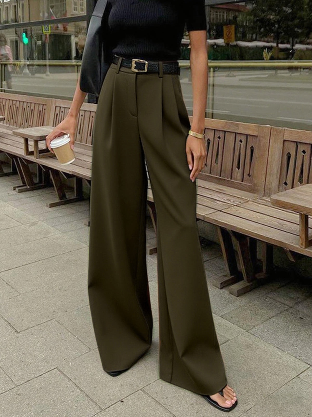 Plefron High-Waist Wide-Leg Trousers – Women Tailored Office Smart Casual Pleated Wide-Leg Trousers