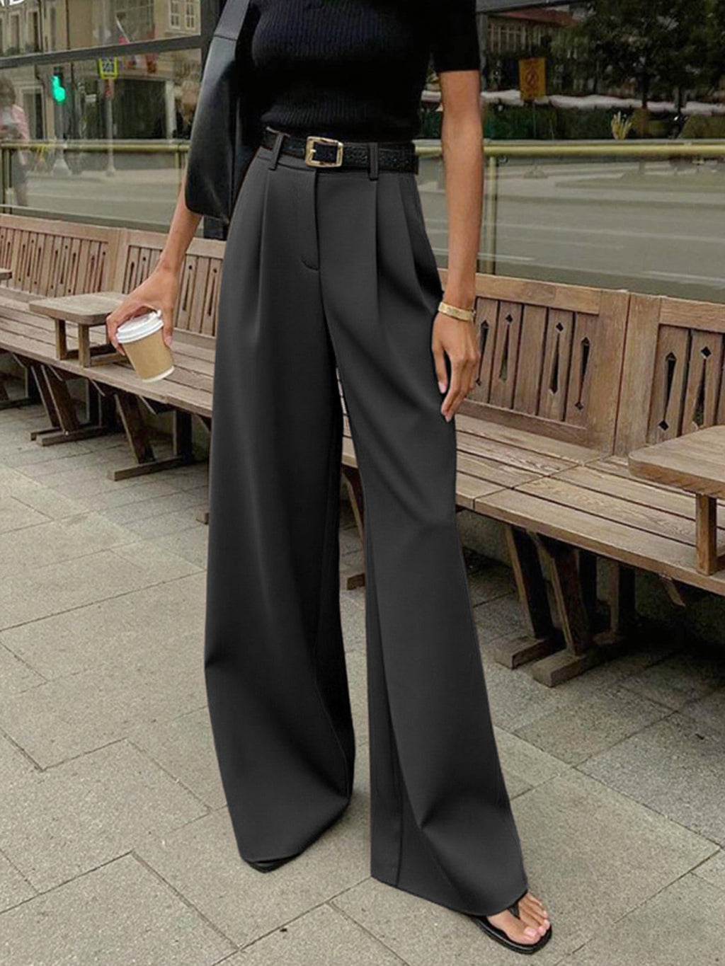 Plefron High-Waist Wide-Leg Trousers – Women Tailored Office Smart Casual Pleated Wide-Leg Trousers