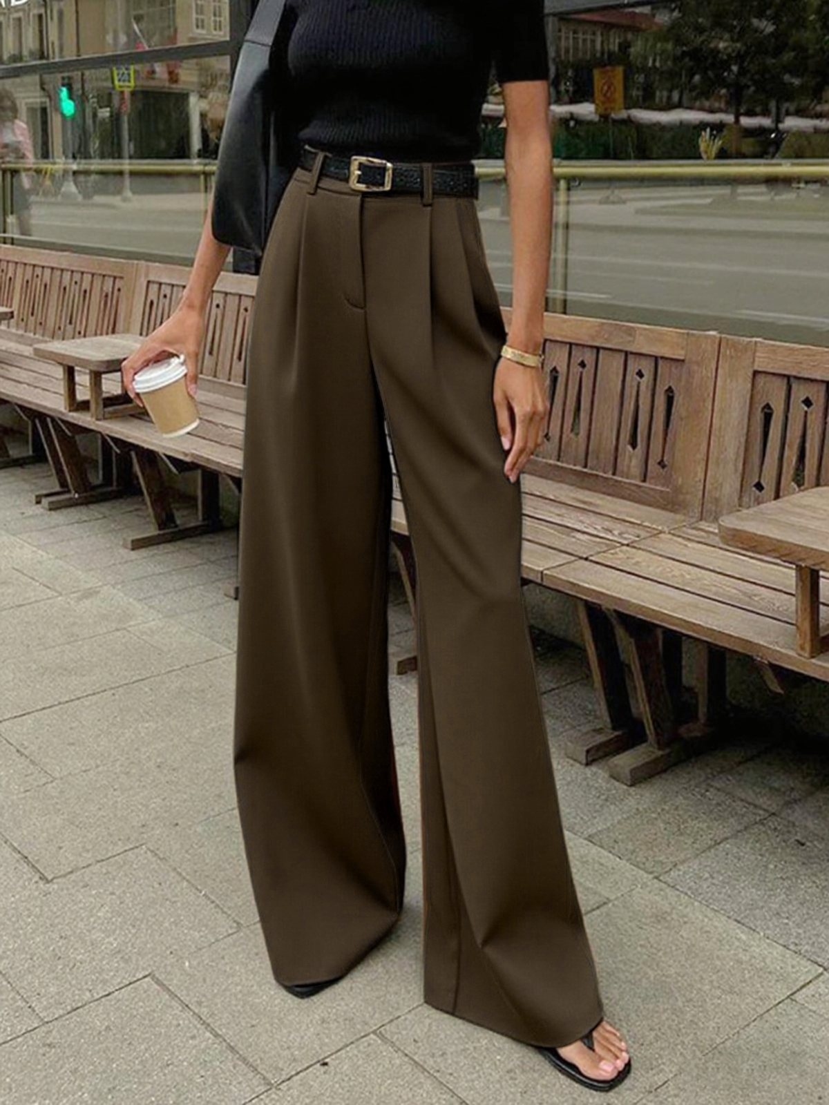 Plefron High-Waist Wide-Leg Trousers – Women Tailored Office Smart Casual Pleated Wide-Leg Trousers
