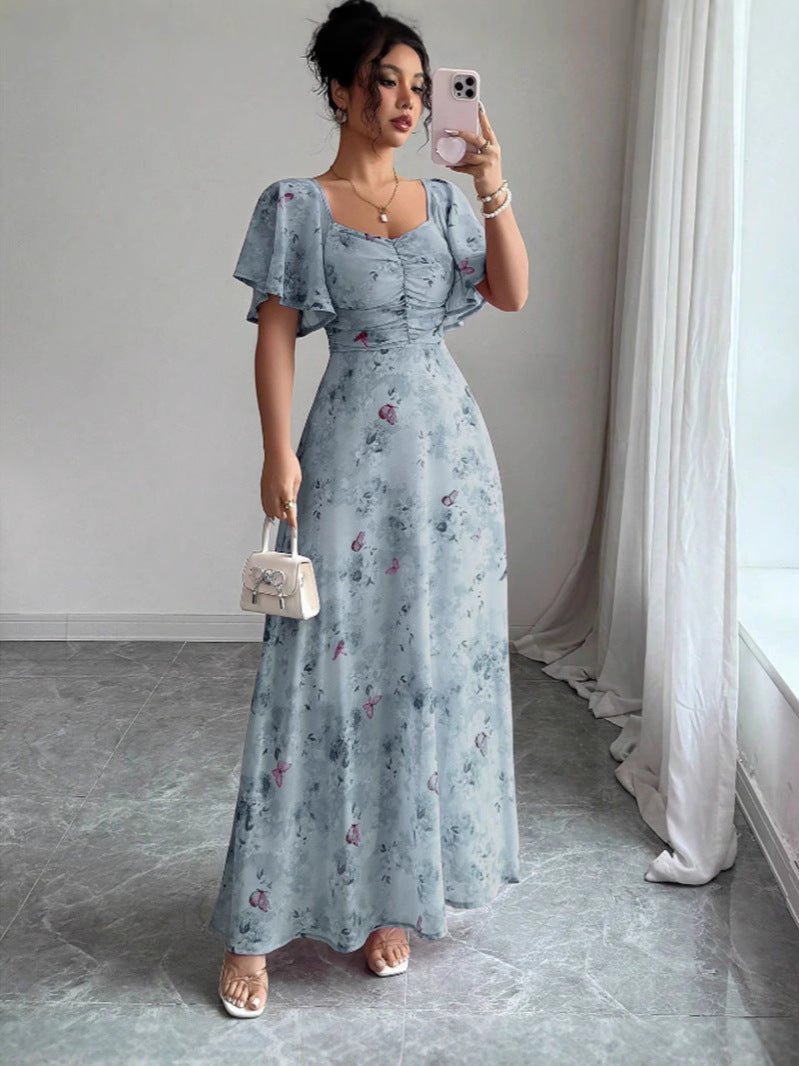 Petalia Flutter Sleeve Maxi Dress – Floral Pink Maxi Dress Women Wedding Guest Formal Evening Long Dress