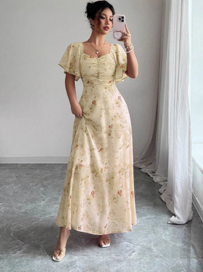 Petalia Flutter Sleeve Maxi Dress – Floral Pink Maxi Dress Women Wedding Guest Formal Evening Long Dress