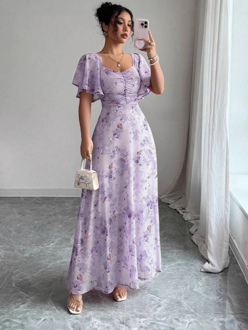 Petalia Flutter Sleeve Maxi Dress – Floral Pink Maxi Dress Women Wedding Guest Formal Evening Long Dress