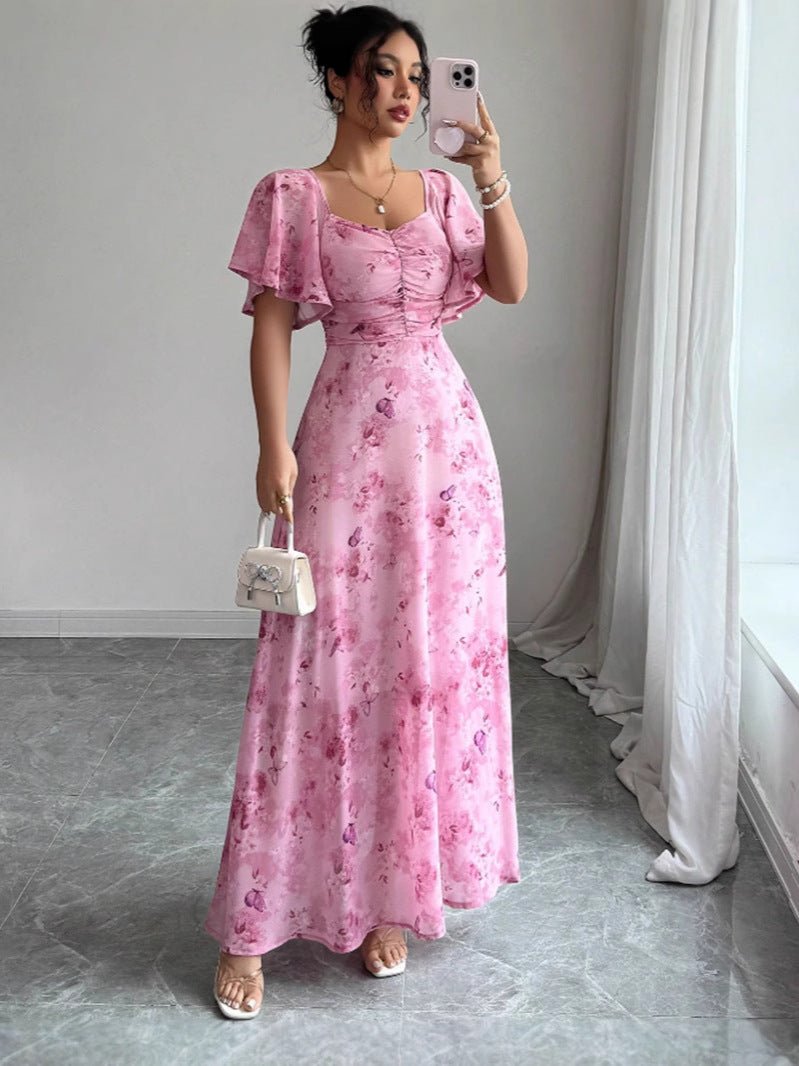 Petalia Flutter Sleeve Maxi Dress – Floral Pink Maxi Dress Women Wedding Guest Formal Evening Long Dress