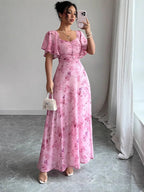 Petalia Flutter Sleeve Maxi Dress – Floral Pink Maxi Dress Women Wedding Guest Formal Evening Long Dress