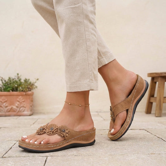 Orthopedic Open Toe Wedge Flip-Flops with Floral Embellishments