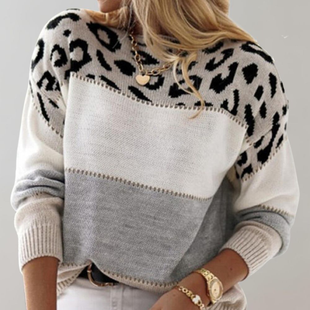 Zigstyn Leopard Colourblock Knit Jumper – Women Casual Autumn Winter Sweater Crew Neck Long Sleeve Top