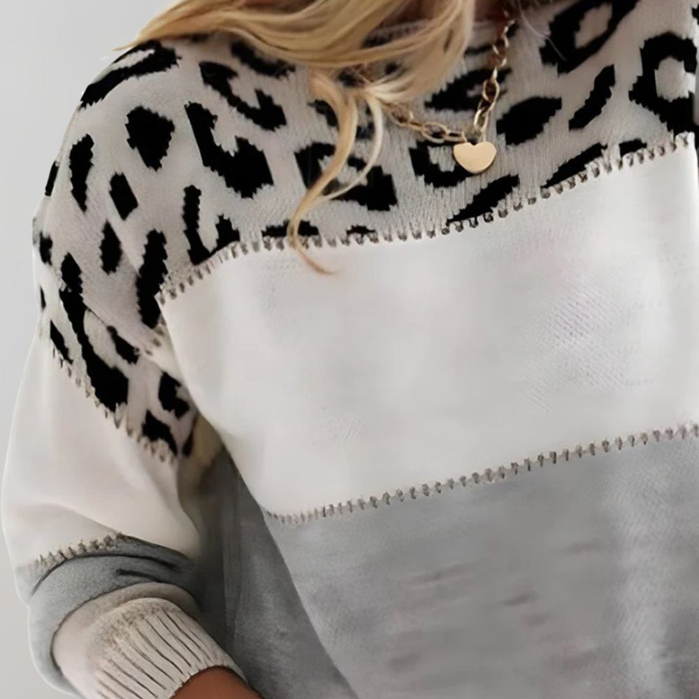 Zigstyn Leopard Colourblock Knit Jumper – Women Casual Autumn Winter Sweater Crew Neck Long Sleeve Top