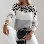Zigstyn Leopard Colourblock Knit Jumper – Women Casual Autumn Winter Sweater Crew Neck Long Sleeve Top