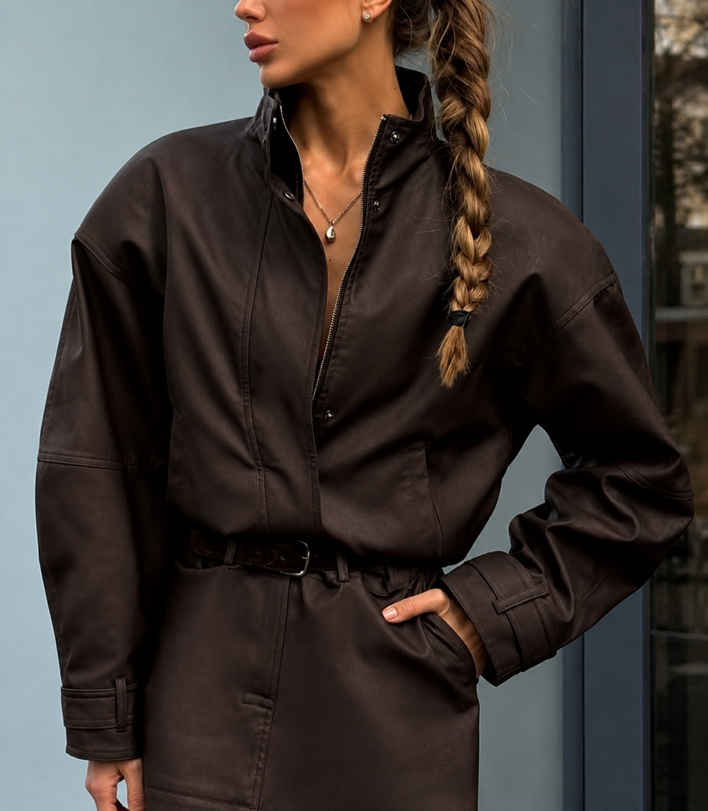 Ofzitta Funnel Neck Faux Suede Jacket – Oversized Women Casual Streetwear Bomber Zip Jacket