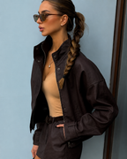 Ofzitta Funnel Neck Faux Suede Jacket – Oversized Women Casual Streetwear Bomber Zip Jacket