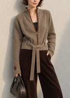 Tywrapa Ribbed Zip Cardigan – Ribbed Knit Cardigan Women Casual Autumn Belted Tie Waist Zip Cardigan