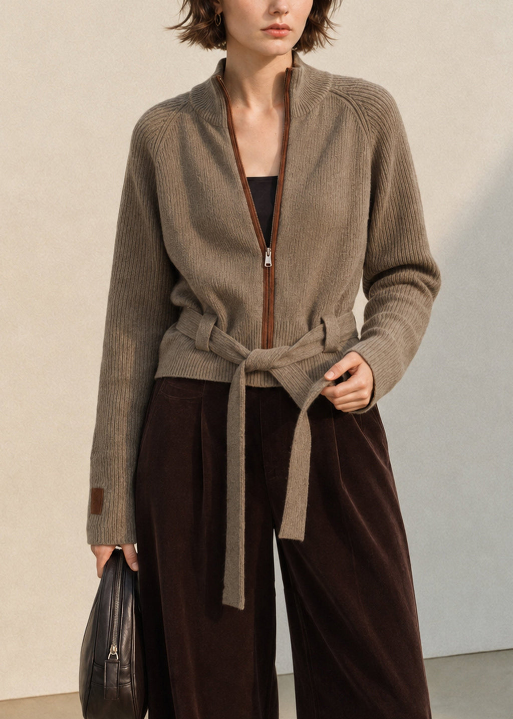 Tywrapa Ribbed Zip Cardigan – Ribbed Knit Cardigan Women Casual Autumn Belted Tie Waist Zip Cardigan