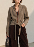 Tywrapa Ribbed Zip Cardigan – Ribbed Knit Cardigan Women Casual Autumn Belted Tie Waist Zip Cardigan