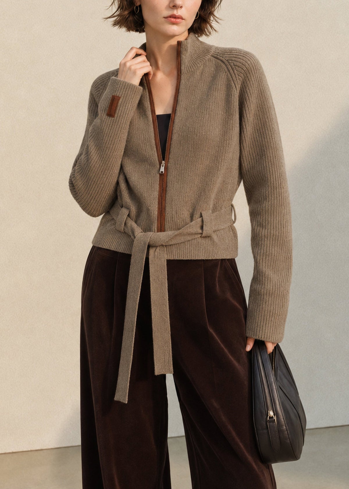 Tywrapa Ribbed Zip Cardigan – Ribbed Knit Cardigan Women Casual Autumn Belted Tie Waist Zip Cardigan