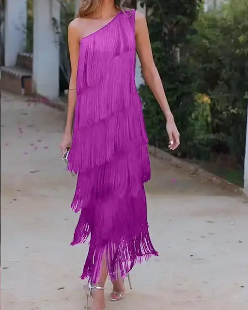 Tierfyn One Shoulder Fringe Maxi Dress – Tiered Women Evening Party Cocktail Formal Ladies Maxi Dress