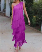 Tierfyn One Shoulder Fringe Maxi Dress – Tiered Women Evening Party Cocktail Formal Ladies Maxi Dress