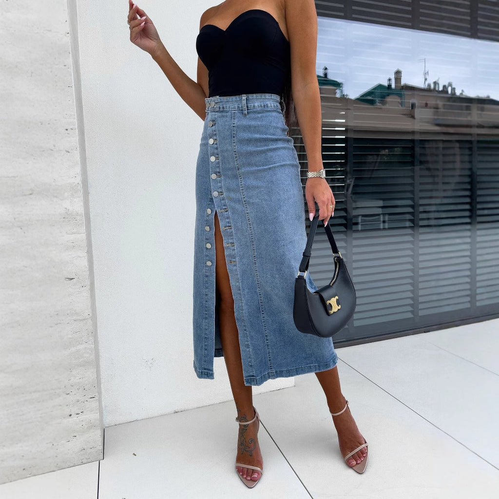 Buttplica Button Front Denim Midi Skirt – Women High-Waist Split Casual Streetwear Autumn Midi Skirt