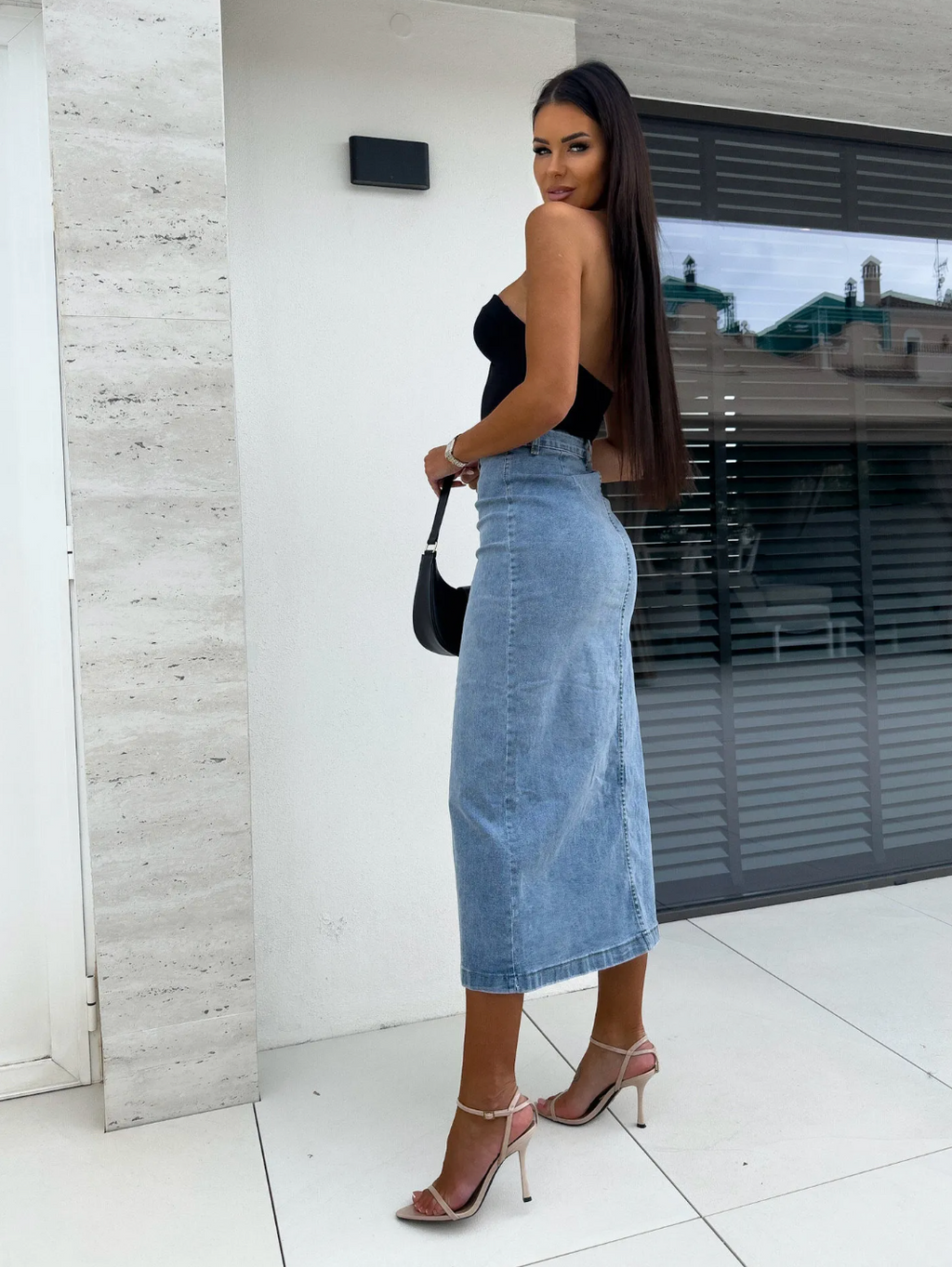 Buttplica Button Front Denim Midi Skirt – Women High-Waist Split Casual Streetwear Autumn Midi Skirt