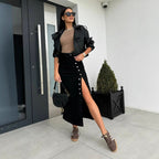 Buttplica Button Front Denim Midi Skirt – Women High-Waist Split Casual Streetwear Autumn Midi Skirt