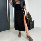 Buttplica Button Front Denim Midi Skirt – Women High-Waist Split Casual Streetwear Autumn Midi Skirt