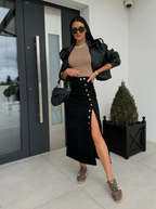 Buttplica Button Front Denim Midi Skirt – Women High-Waist Split Casual Streetwear Autumn Midi Skirt