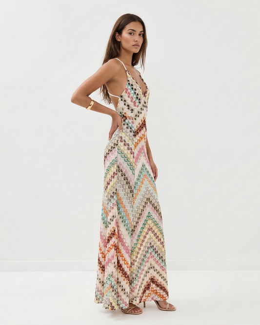 Spaghetti Strap Backless Striped Knit Maxi Dress