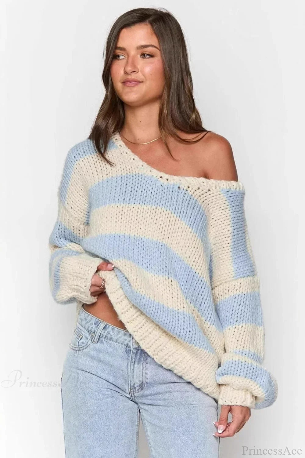 Chunriva Oversized Striped Knit Jumper – Off Shoulder Slouchy Women Casual Autumn Knitwear Jumper