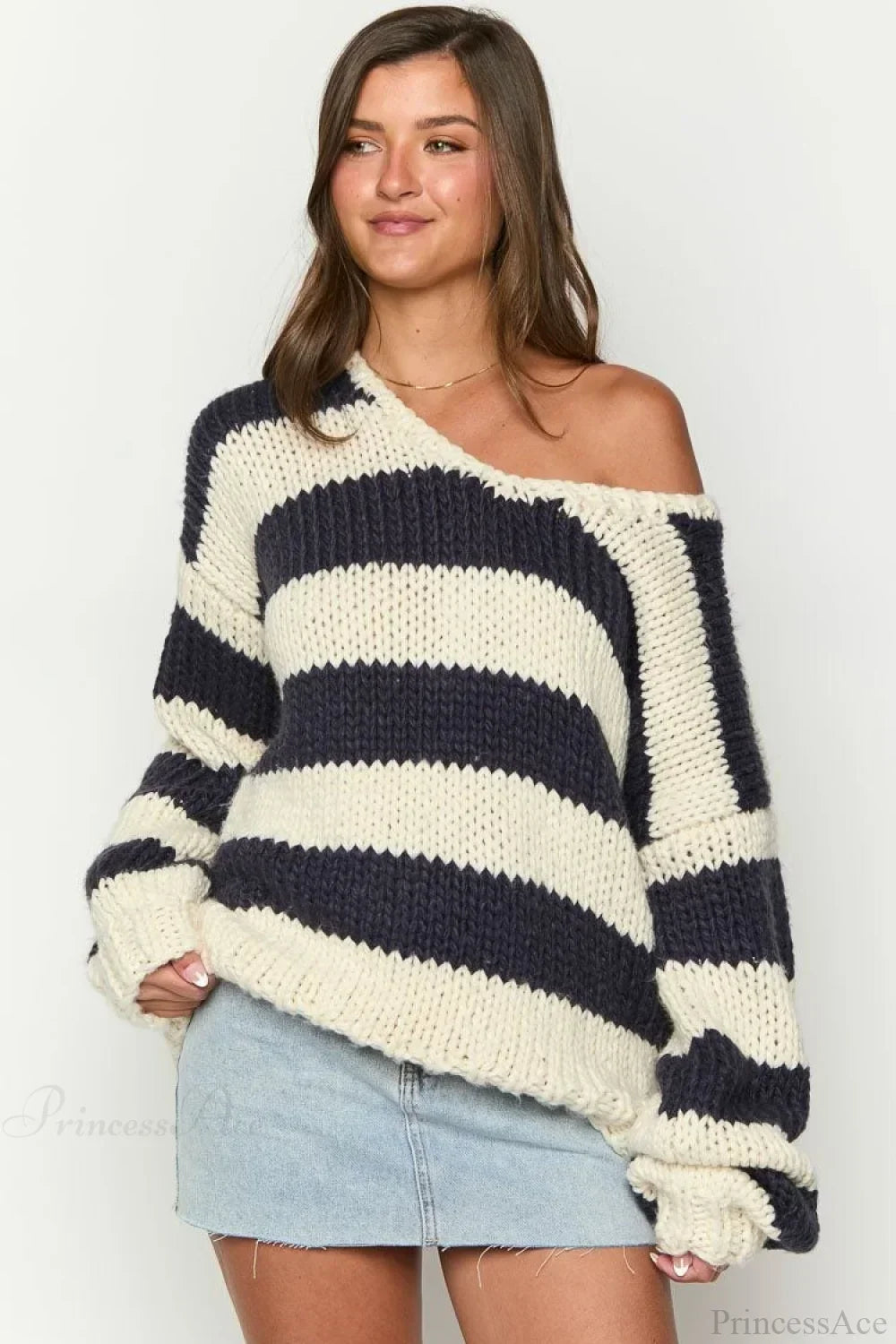 Chunriva Oversized Striped Knit Jumper – Off Shoulder Slouchy Women Casual Autumn Knitwear Jumper