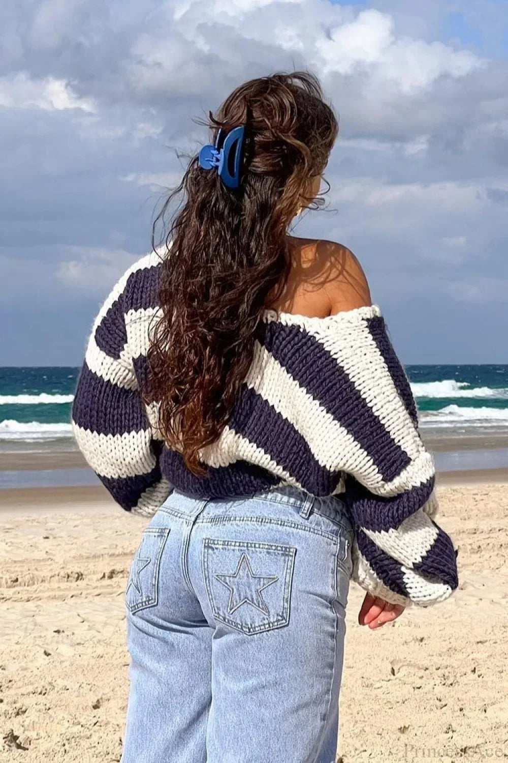 Chunriva Oversized Striped Knit Jumper – Off Shoulder Slouchy Women Casual Autumn Knitwear Jumper
