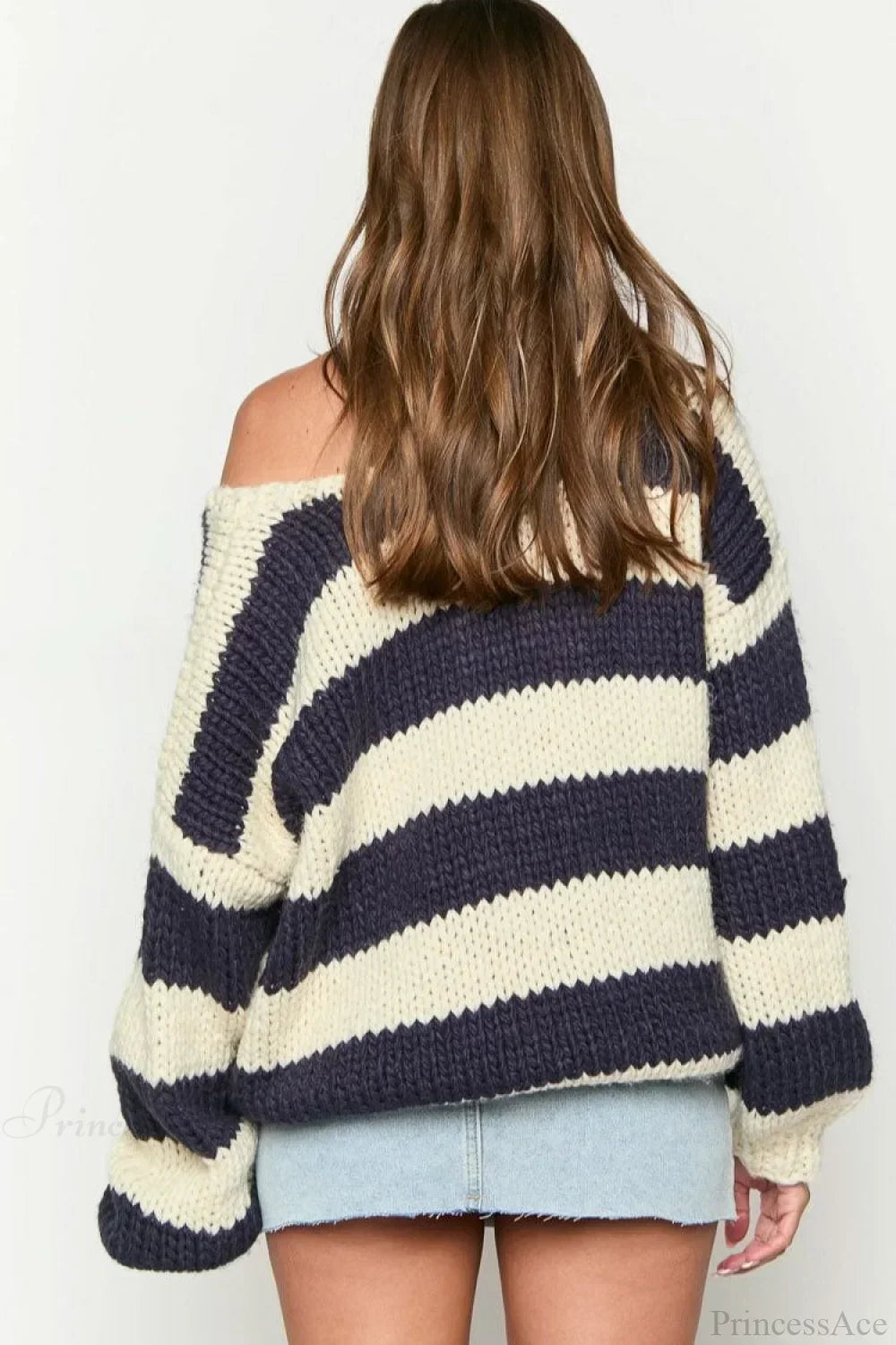 Chunriva Oversized Striped Knit Jumper – Off Shoulder Slouchy Women Casual Autumn Knitwear Jumper