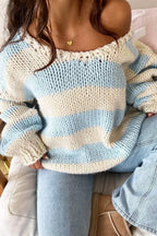 Chunriva Oversized Striped Knit Jumper – Off Shoulder Slouchy Women Casual Autumn Knitwear Jumper