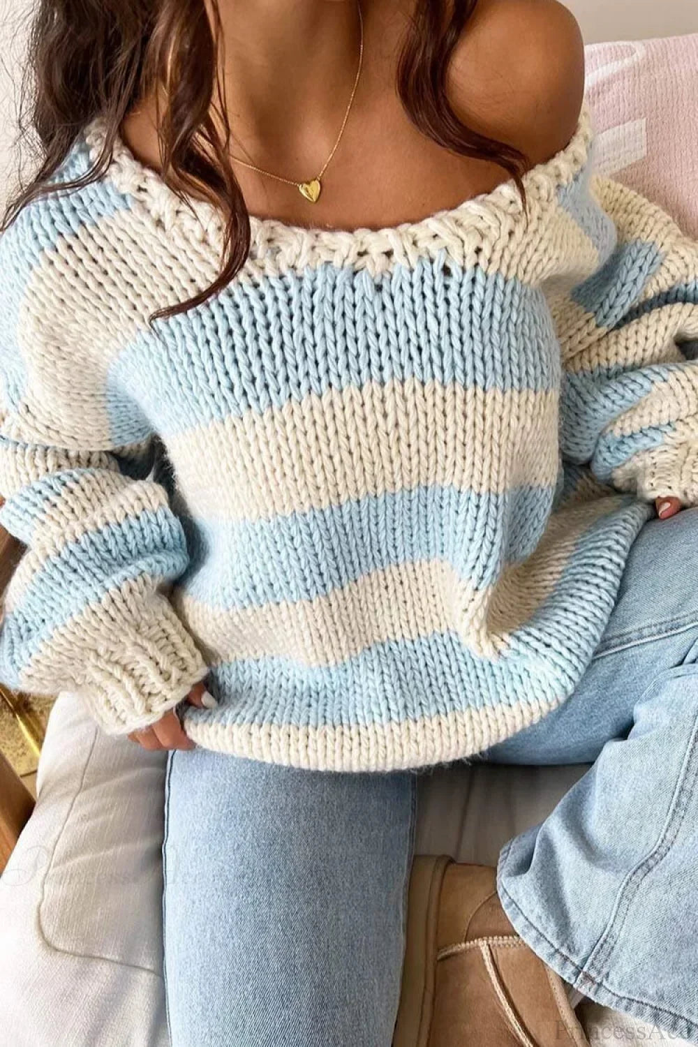 Chunriva Oversized Striped Knit Jumper – Off Shoulder Slouchy Women Casual Autumn Knitwear Jumper