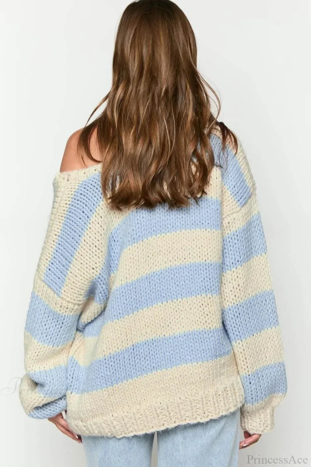Chunriva Oversized Striped Knit Jumper – Off Shoulder Slouchy Women Casual Autumn Knitwear Jumper