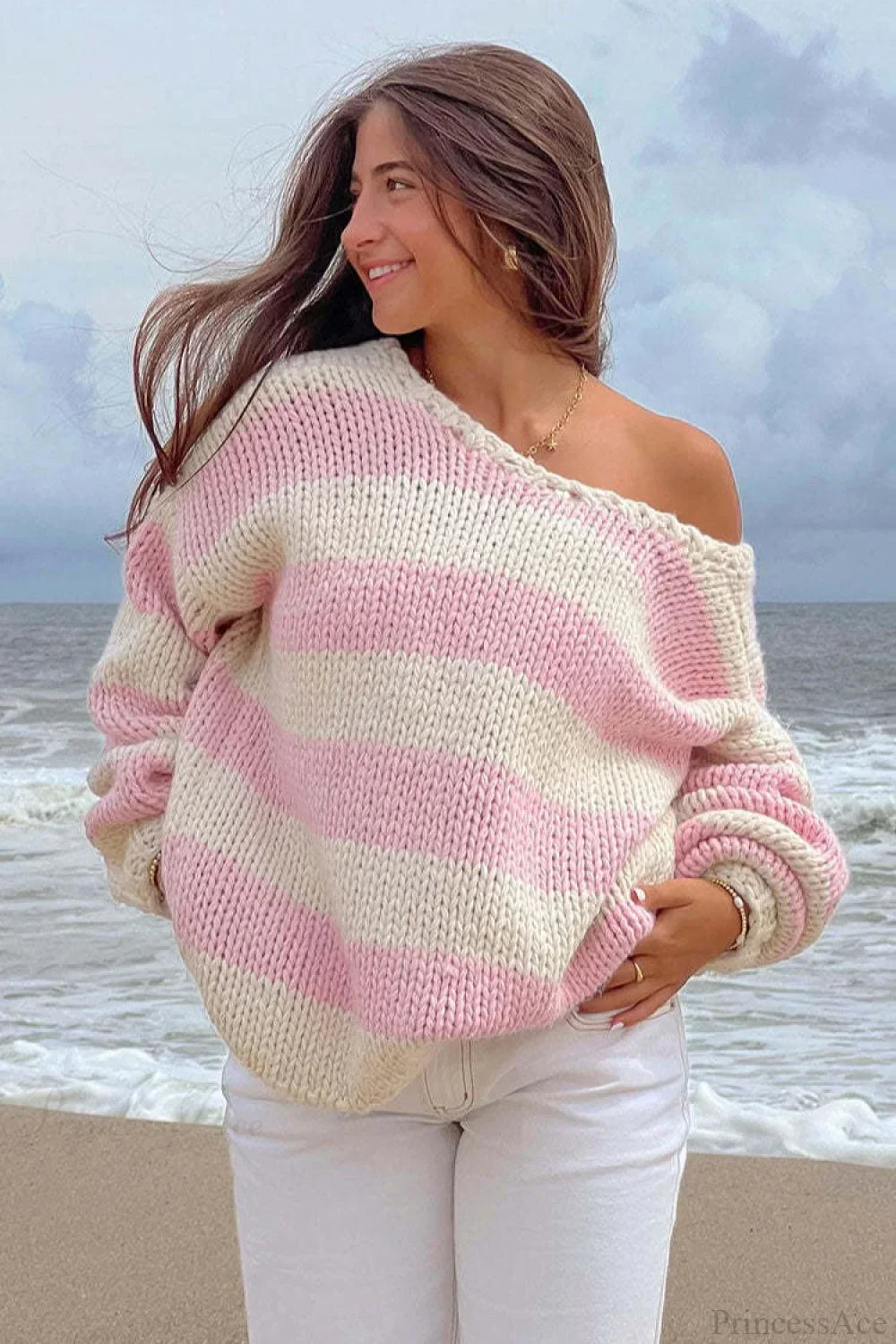 Chunriva Oversized Striped Knit Jumper – Off Shoulder Slouchy Women Casual Autumn Knitwear Jumper