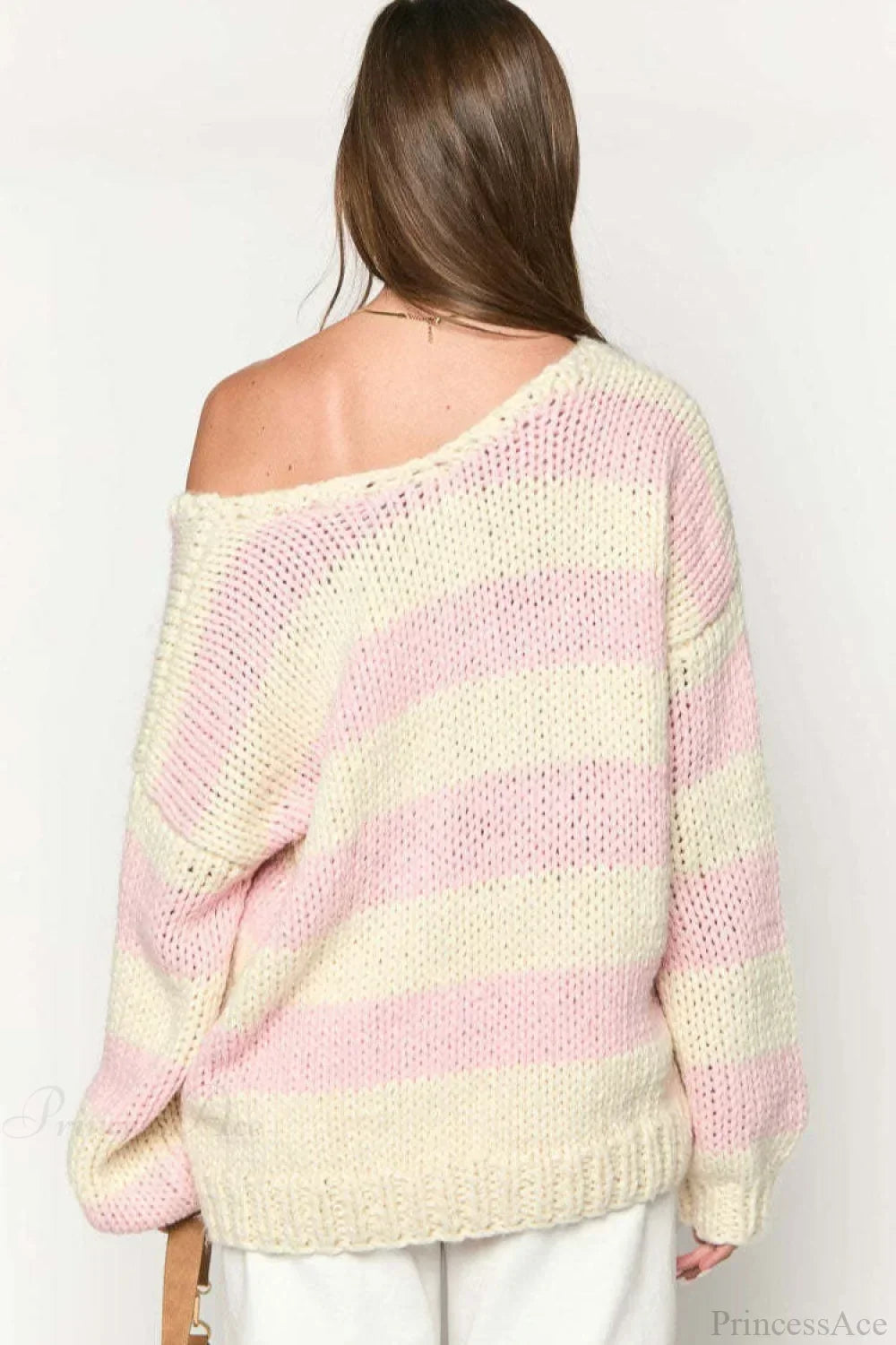 Chunriva Oversized Striped Knit Jumper – Off Shoulder Slouchy Women Casual Autumn Knitwear Jumper