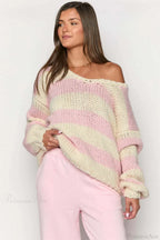Chunriva Oversized Striped Knit Jumper – Off Shoulder Slouchy Women Casual Autumn Knitwear Jumper