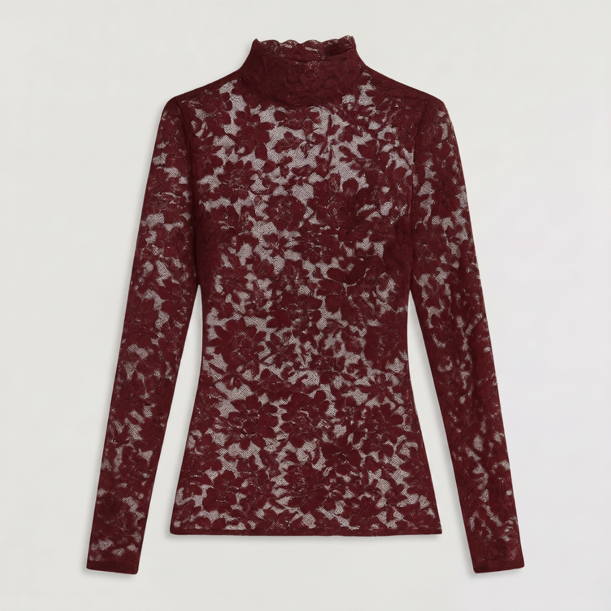 Scalette High-Neck Lace Top – Long Sleeve Women Formal Evening Party Elegant Sheer Lace Top