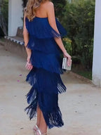 Tierfyn One Shoulder Fringe Maxi Dress – Tiered Women Evening Party Cocktail Formal Ladies Maxi Dress
