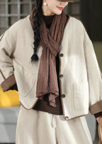 Piptrima Cropped Button Jacket – Linen Blend Women Casual Collarless Contrast Trim Cropped Jacket