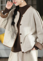 Piptrima Cropped Button Jacket – Linen Blend Women Casual Collarless Contrast Trim Cropped Jacket