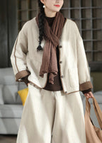 Piptrima Cropped Button Jacket – Linen Blend Women Casual Collarless Contrast Trim Cropped Jacket