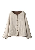Piptrima Cropped Button Jacket – Linen Blend Women Casual Collarless Contrast Trim Cropped Jacket
