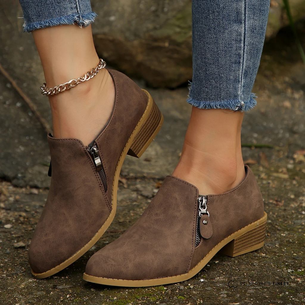 Ziphela Zip-Up Ankle Boots – Women Low Block Heel Casual Everyday Winter Ankle Boots