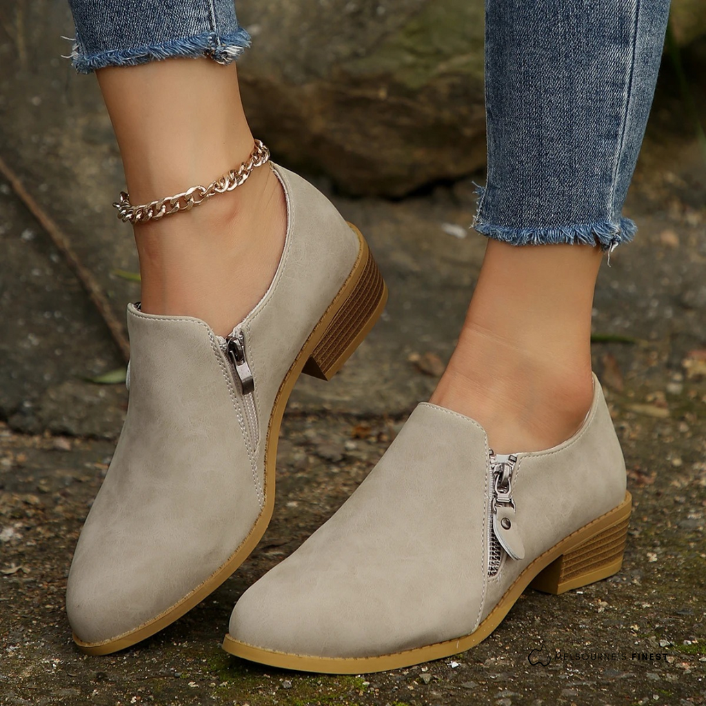 Ziphela Zip-Up Ankle Boots – Women Low Block Heel Casual Everyday Winter Ankle Boots