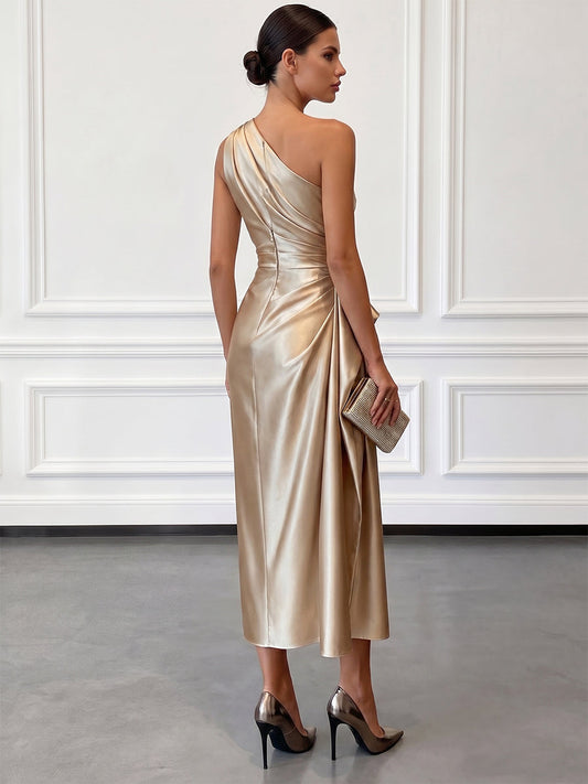 Satin One-Shoulder Ruched Wedding Guest Midi Dress