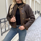 Shearyn Cropped Shearling Trim Jacket – Women Teddy Fleece Button Front Casual Office Collarless Crop Jacket