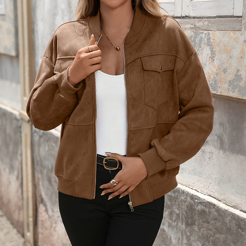Yosembre Zip-Front Utility Jacket – Oversized Women Casual Autumn Workwear Chest Pocket Bomber Jacket