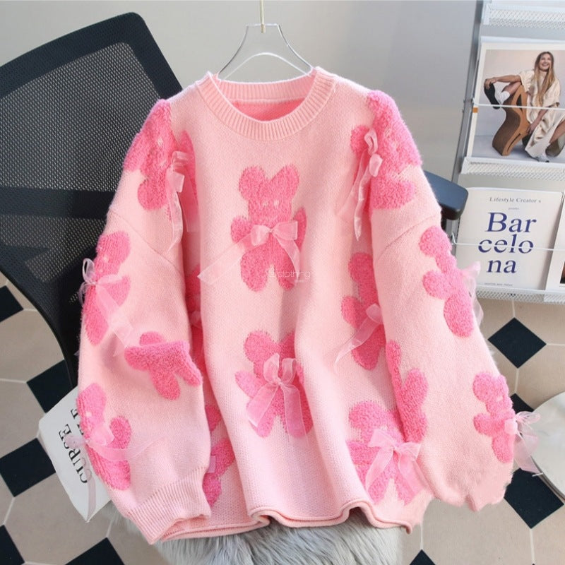 Teddow Appliqué Oversized Jumper – Teddy Bear Knitted Sweater Women Fluffy Casual Autumn Knitwear