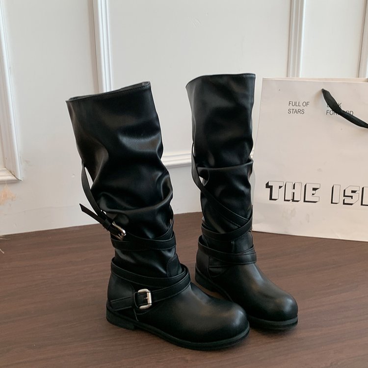 Triplux Buckle Strap Knee-High Boots – Women Flat Slouchy Mid-Calf Chunky Biker Boots