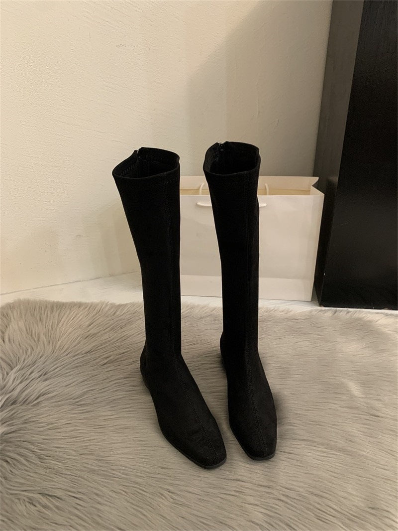 Squaryn Suede Knee-High Flat Boots – Women Autumn Winter Korean Style Mid-Calf Knight Boots